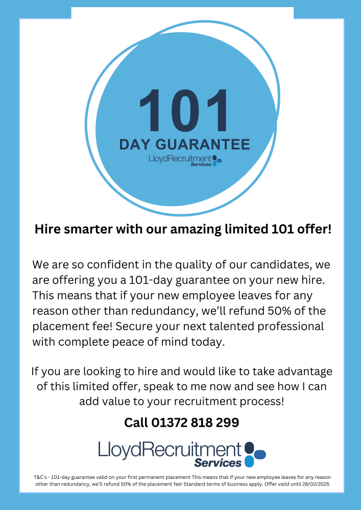 Dont let Blue Monday slow you down Hire smarter with our amazing January offer We are so confident in the quality of our candidates we are offering you a 101 day guarantee on your new hire. Th